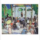 Gemälde von Menschen in einem Garten, einige sitzen, eine Frau steht mit gelbem Sonnenschirm, impressionistischer Stil.