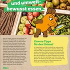 Gesund, lecker und umweltbewusst essen. Clevere Tipps für den Einkauf. Illustration: Maus mit Lupe vor Obst.