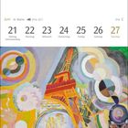 Juni, 21. Woche, 21.–27.6. Bunte Illustration des Eiffelturms umgeben von abstrakten, kreisförmigen Mustern.