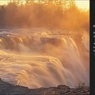 Ein Text beschreibt die Kakabeka Falls, ein tosender Wasserfall. Sonnenlicht beleuchtet das Wasser, umgeben von Bäumen.