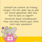 Ein Elefant in rosa Kleidung mit einer Krone und Blume; Text über Schule und ein Datum: 23. März, Dienstag.