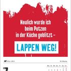 "Neulich wurde ich beim Putzen in der Küche geblitzt – LAPPEN WEG!" Kalenderblatt, 7. Mai, Grafik mit rotem Hintergrund.