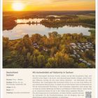 Deutschland, Sachsen. Strecke: Pirna – Meißen. Länge: 64 km, Dauer: 2 h. Camping: www.bad-sonnenland.de. 

Sonnenuntergang über einem See, umgeben von grünem Wald und einem Campingplatz mit Wohnmobilen.