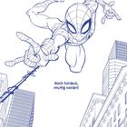 "Hoch hinaus, mutig voran!" Illustration eines Superhelden in Aktion über einer Stadt.