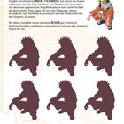 AUFEN WIE EIN ADLER. Text über Ninja-Techniken, Fokus auf Auge. Illustration: Figur in orange, 5 Schattenfiguren.