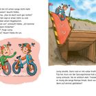 Links Dialog über Fahrradabenteuer; rechts Illustration: Kinder auf Fahrrädern beim Sprung über Rampe.