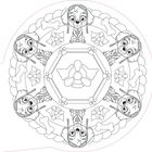 Sechseck mit Flügel-Propeller-Logo, umgeben von Hundegesichtern und Knochenmotiven, wie in einem Mandala angeordnet.