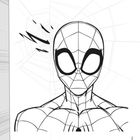 „Mit seinem Spinnensinn spürt er, wenn Gefahr droht.“ Zeichnung eines Superhelden in einem Netz mit alarmierenden Linien.