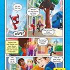 Comicszene mit Helden, Freunden und Klavier; Dialoge: "Ich bin fast da!", "Warum ist das Klavier auf dem Baum?" und mehr.