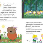 Links: Dialoge über Blumen, Kochmöglichkeiten, Holunderblütensaft. Rechts: Waldszene mit Kindern, Gerald Giraffe mit Blumenhut.