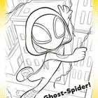 "Ghost-Spider!" Ein Cartoon mit Figur in Spinnenkostüm schwingt zwischen Gebäuden. Szenenrahmen mit gelbem Punktmuster.