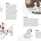Links oben steht "Schon gewusst?" mit einem Text über Patchs schwarze Punkte. Es gibt Illustrationen von drei Dalmatinerwelpen: Patch, Lucky und Rolly, die jeweils mit Text beschrieben werden. Patch ist mutig, Lucky ist eher schüchtern und Rolly verspielt und hungrig. Oben rechts zeigt ein Bild eine Gruppe Dalmatiner mit zwei erwachsenen Hunden.
