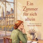 "Ein Zimmer für sich allein" von Virginia Woolf. Frau am Schreibtisch in einem Haus mit Blick auf eine Kirche.