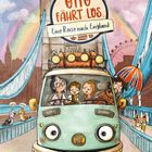 "OTTO FÄHRT LOS. Eine Reise nach England." Illustration: Ein grüner Van vor der Tower Bridge, Personen und Tiere im Auto.