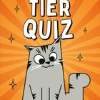 Text: "Das wilde Tierquiz." Illustration: Eine graue Cartoon-Katze vor einem orangefarbenen Hintergrund mit Sternen.
