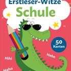 Oben steht „Erstleser-Witze Schule“. Ein fröhliches Krokodil hält einen bunten Stift, umgeben von „Hihi“, „Haha“ und „Hehe“.