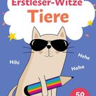 "Erstleser-Witze Tiere" steht in einer Wolke. Katze mit Sonnenbrille hält bunten Stift, umgeben von Sternen und Konfetti.