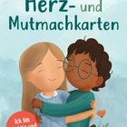 „Herz- und Mutmachkarten.“ Zwei Kinder umarmen sich lächelnd, im Hintergrund Blumen.
