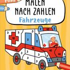 „Mini Malen nach Zahlen Fahrzeuge“. Eine Illustration zeigt einen Krankenwagen mit nummerierten Feldern zum Ausmalen.