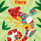 "Mein Mosaik-Stickerbuch Tiere" oben. Buntes Chamäleon aus geometrischen Teilen, umrahmt von grünen Blättern.