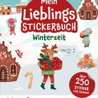 "Mein Lieblingsstickerbuch Winterzeit" und "über 250 Sticker mit Szenen." Illustrationen von Lebkuchenhaus und Tieren in Winterkleidung.