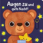 "Augen zu und gute Nacht!" Ein niedlicher, lächelnder Bär hält einen kleinen, gelben Stern.