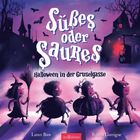 Text: "Süßes oder Saures. Halloween in der Gruselgasse." Illustration: Vier Kinder in Halloween-Kostümen.