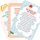 Drei Karten mit motivierenden Texten und bunten Illustrationen, darunter ein Regenbogen und ein Fliegenpilz.