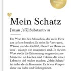"Mein Schatz" definiert als Substantiv, steht für Vertrauen und Wärme. Goldener Kreis sagt: "50 Gründe, warum du wundervoll bist!"