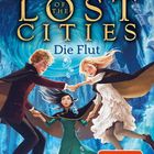 „KEEPER OF THE LOST CITIES: Die Flut.“ Drei Personen in einem magischen Strudel, eine mit blonden Haaren, eine mit dunkler Kleidung.