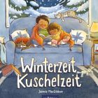 "Winterzeit Kuschelzeit" steht über zwei Kinder, die auf einem Sofa ein Buch lesen, umgeben von Katzen und einer Schneeszene draußen.