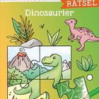 "ZAUBERBILDER RÄTSEL Dinosaurier" in bunten Farben. Illustration: Dinosaurier, Vulkan, Puzzle-Teile, bunte Landschaft.