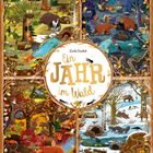 Text: "Ein Jahr im Wald". Illustration mit Tieren und Szenen der vier Jahreszeiten in einem Wald.