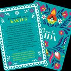 Ein Text beschreibt Kakteen in Mexiko als Symbol für Stärke und Abgrenzung. Viele bunte Blumenmuster als Dekoration.