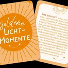 Zwei Karten: Links “goldene LICHT-MOMENTE” auf orange, rechts Text über Natur und Sonnenaufgang in orange und braun.