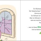 Ein Schwein schaut in den Spiegel. Text über sein Streben, ein Glücksschwein zu sein. Kleine Kleeblätter sind abgebildet.