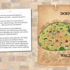 Eine Karte zeigt „Dorf“ oben und „Wald“ unten. Links Text über Kinder, die eine Mühle entdecken.