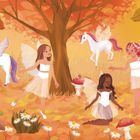 Illustration von Feen und Einhörnern in herbstlichem Wald mit buntem Laub und Pilzen, umgeben von fliegenden Blättern.