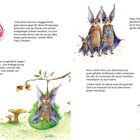 Texte beschreiben Blutspendeprozess und Dank. Illustrationen von Fledermäusen mit Flügeln, einem Blutbeutel und einer fröhlichen Fliege.