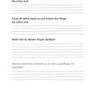 Texte: "Schau dir dein Gesicht an und notiere drei Dinge, die schön sind." "Schau dir deine Haare an..." Anhand dessen sind Linien für Notizen zu sehen. Ganz unten in Rot: "Welche Erkenntnis möchtest du..." Weitere Linien darunter. Oben rechts steht die Zahl 21.