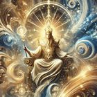 Text: "V - DER HIEROPHANT". Illustration: Eine majestätische, thronende Figur umgeben von goldenen und blauen Wirbeln.