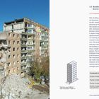(Ukrainska 55, drone picture taken on 7 November 2024). Links beschädigtes Gebäude. Rechts Text über Bauinfos.