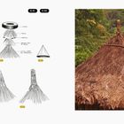 Text: "Umbrellas", "E-01", "E-02", "Llanta", "Palma", "Plastico", "Primera capa de palma", "Ultima hilada del remate". Links: Skizzen von Strohdächern, rechts: Foto eines Strohdachs im Wald.