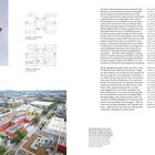 Texte: "Grundriss 2. Obergeschoss," "Second floor plan," "Grundriss Erdgeschoss," "Ground floor plan."

Oben: Architekturdetails, darunter: Stadtansicht mit roten Gebäuden in grüner Landschaft.