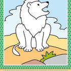 „Droht der Löwe mit den Zähnen? Nein, er muss nur lauthals gähnen.“ Illustration: Gähnender Löwe auf Felsen.