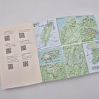 Links QR-Codes und Wanderinfo über Trails in Korea, Seoul, Kumano und Fukushima; rechts sind detaillierte Karten.