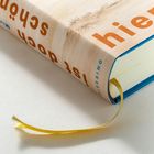 Ein Buchrücken mit „hier“ in großen orangefarbenen Buchstaben. Ein gelbes Leseband ragt heraus.