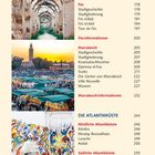 Inhalt zu Meknès, Fès, Marrakesch und Atlantikküste mit Seitenzahlen; Bilder von historischen Bögen, Markt und bunter Wand.