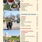 Seite 6: Inhaltsverzeichnis mit Abschnitten zu Kunst, Kultur, Essen, Trinken und Taschkent. Fotos: Gewürze, Straßenansicht, Eselskarren.