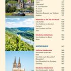 Seite 6, Inhaltsverzeichnis mit Themen: Mittelrhein, Abstecher in das Tal der Mosel, Niederrhein. Drei Fotos: Burgen, Flusslandschaft, gotische Kathedrale.